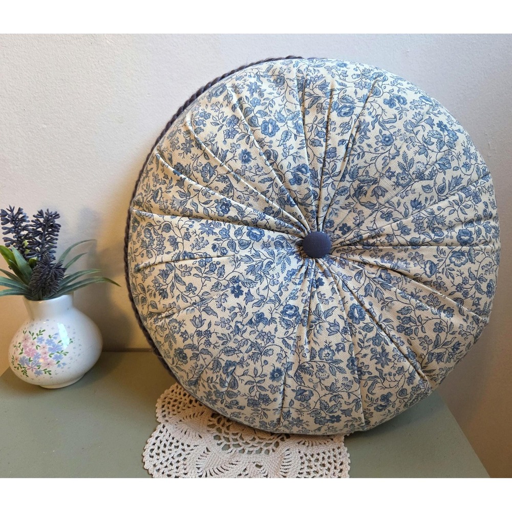 Blue Floral Round Throw Pillow, Tufted Cottage Decor, Grandmillennial Cushion